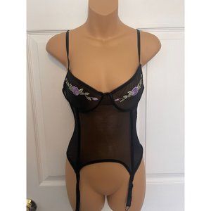 Tiffany's Closet Corset Top Size M Sheer Black with Purple Embroidered Flowers